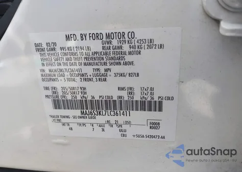 2020 Ford Ecosport Titanium z USA, uszkodzony, nr VIN MAJ6S3KL7LC361411